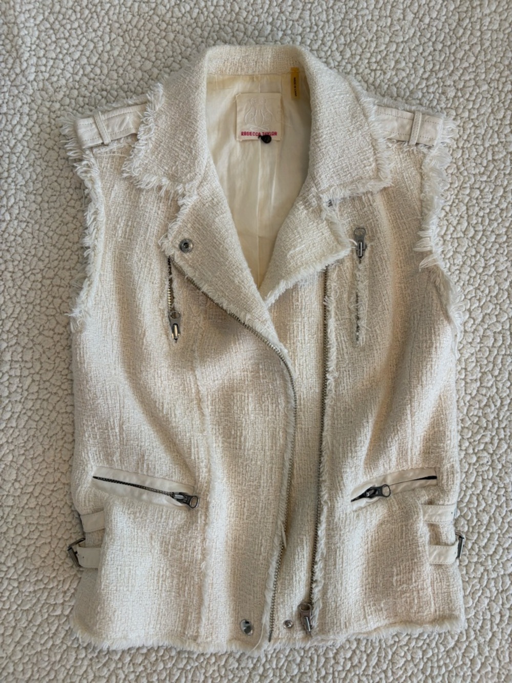 Rebecca Taylor Ivory Tweed Moto Vest with Leather Details